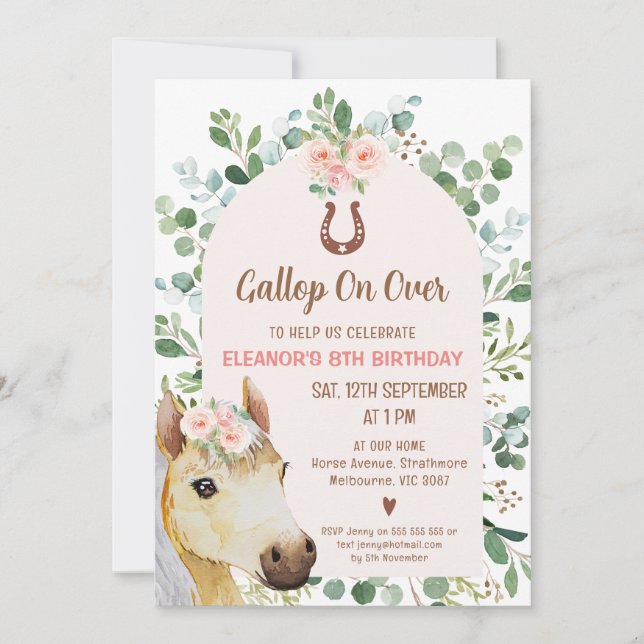 Pink Arch Foliage Horse Pony Birthday Invitation (Front)