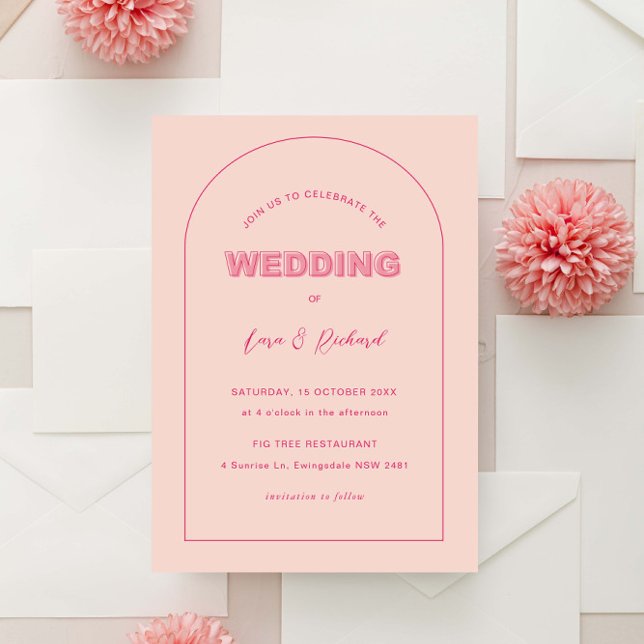 Pink Arch Modern Bold Type Text Wedding Invitation (Creator Uploaded)