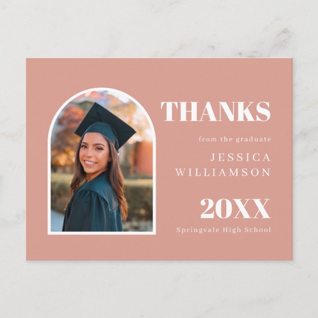 Pink Arch Modern Photo Graduation Thank You Postcard (Front)