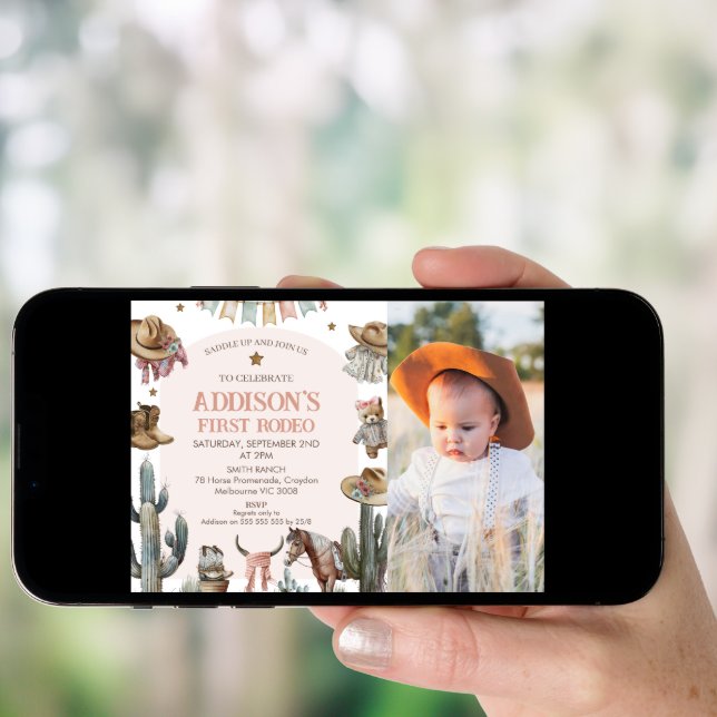 Pink Arch Photo First Rodeo Western 1st Birthday Invitation (Front Digital)