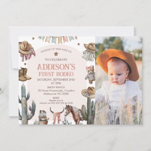 Pink Arch Photo First Rodeo Western 1st Birthday Invitation