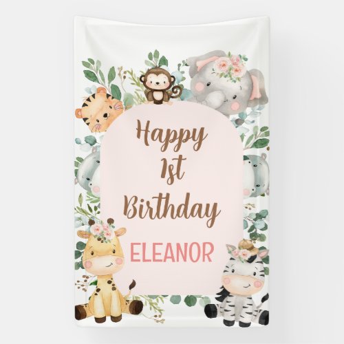 Pink Arch Safari Party Animals 1st Birthday Banner