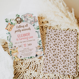 Pink Arch Safari Party Animals 1st Birthday Invitation