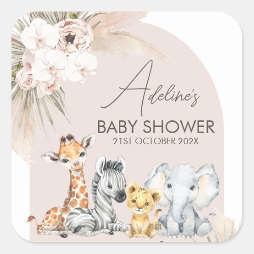 Pink Arch Safari Wild One Baby Shower  Square Sticker