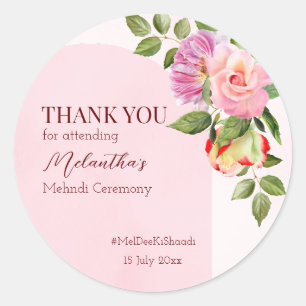 Pink arch with roses personalized mehndi thank you classic round sticker