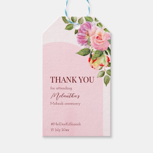 Pink arch with roses personalized mehndi thank you gift tags