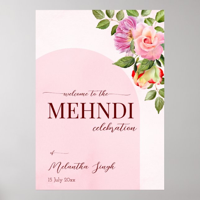 Pink arch with roses personalized mehndi welcome poster (Front)