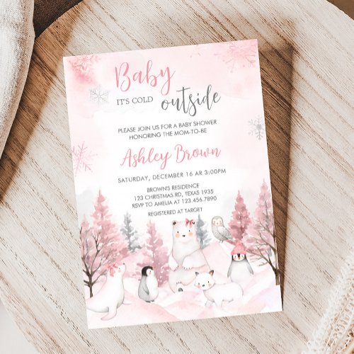 Pink Arctic Animals Baby Shower  Invitation
