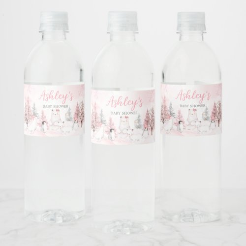 Pink Arctic Animals Baby Shower  Water Bottle Label