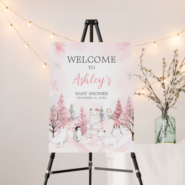 Pink Arctic Animals Baby Shower Welcome Sign (In Situ (Stand))