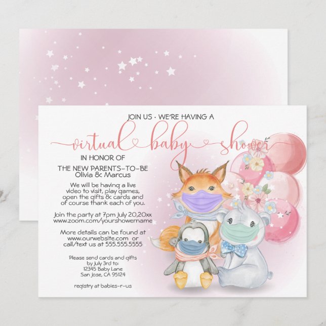 Pink Arctic Animals in Masks Virtual Baby Shower Invitation (Front/Back)