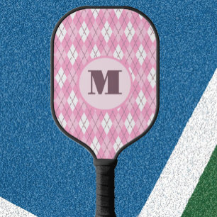 Pink argyle custom monogram pickleball paddle
