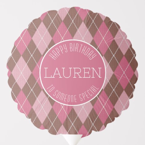 Pink Argyle Diamonds on Brown Golf Style Birthday Balloon