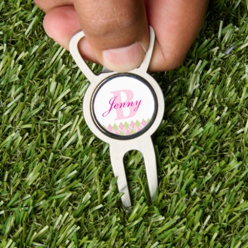 Pink argyle monogram name golf clip divot tool