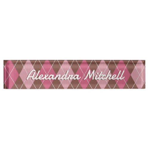 Pink Argyle on Brown Diamond Pattern _ Your Name Desk Name Plate