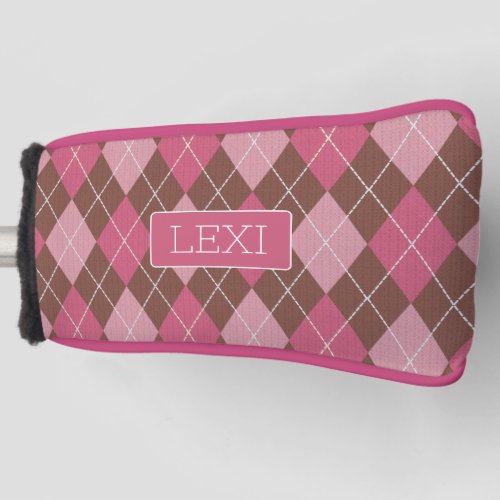 Pink Argyle on Brown Vintage Pattern with any name Golf Head Cover