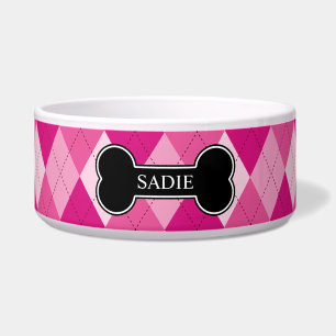 Pink Argyle Pattern With Black Bone And Name Bowl