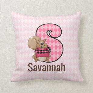 Pink Argyle Patterned Letter S for Squirrel Girls Throw Pillow