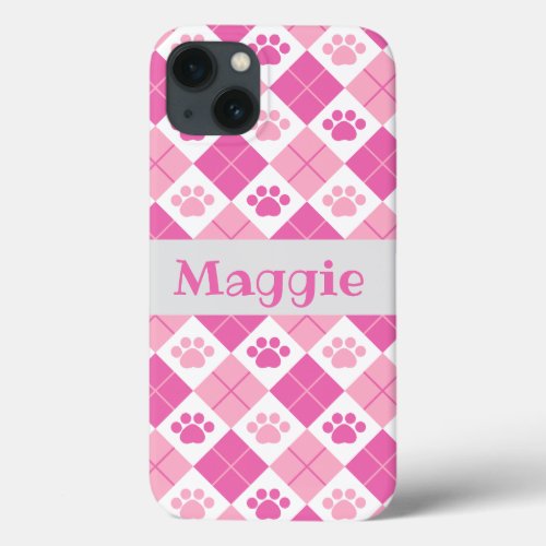 Pink Argyle Paw Print Pattern iPhone 13 Case