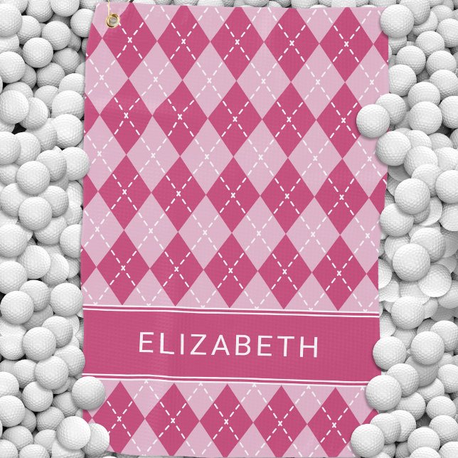Pink Argyle Plaid Custom Name Monogram  Golf Towel (Pink Argyle Plaid Custom Monogram Name Classic Golf Towel)