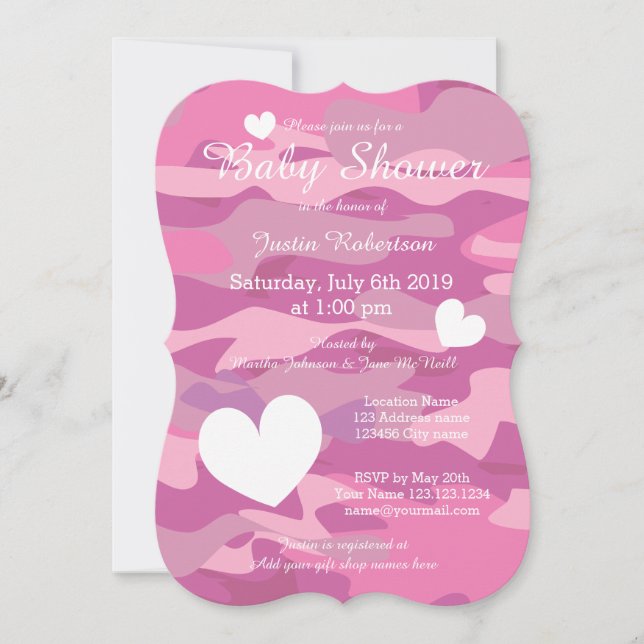 Pink army camo baby shower invitations with hearts (Front)