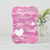 Pink army camo baby shower invitations with hearts (Standing Front)