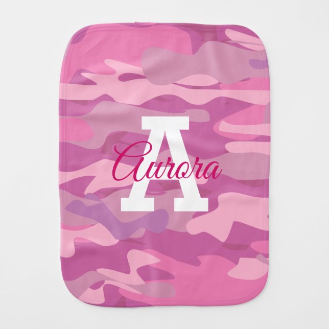 Pink army camo burp cloth with custom baby name (Front)