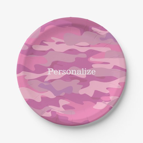 Pink army camo camouflage paper party plates