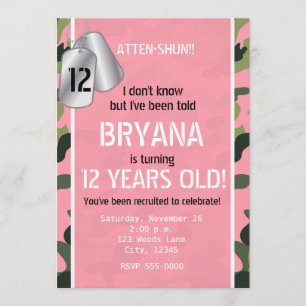 PINK Army Dog Tags Camouflage Party Invitations