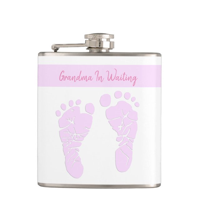 Pink Art Baby Footprints Grandma To Be Pregnancy Flask (Front)