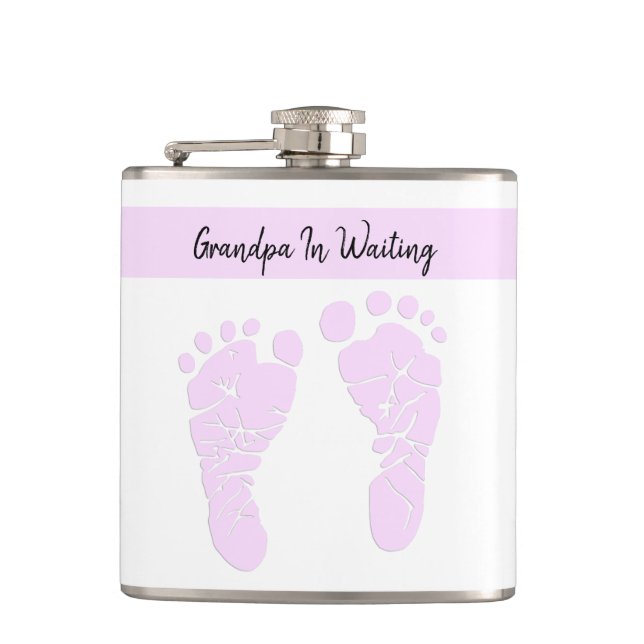 Pink Art Baby Footprints Grandpa To Be Pregnancy Flask (Front)