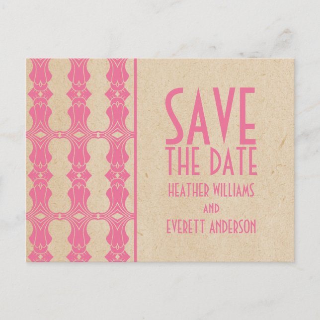 Pink Art Deco Border Save the Date Postcard (Front)