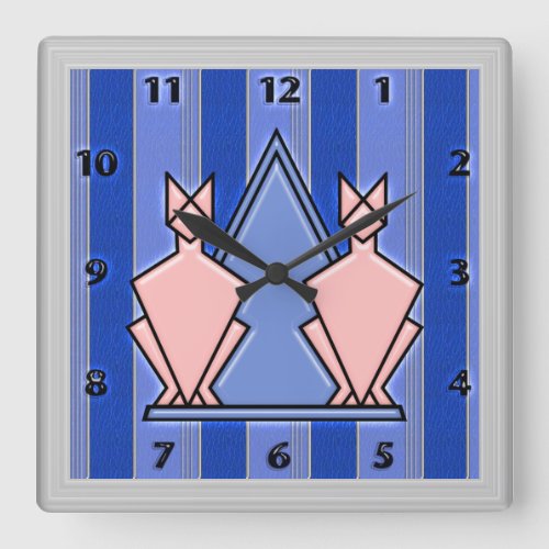 Pink Art Deco Cats on Blue Striped Background Square Wall Clock