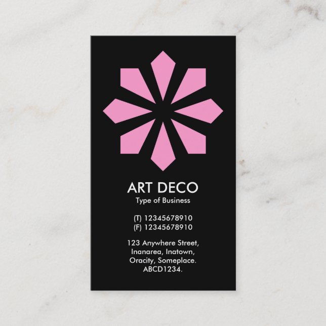 Pink Art Deco Flower Star - Black Business Card (Front)