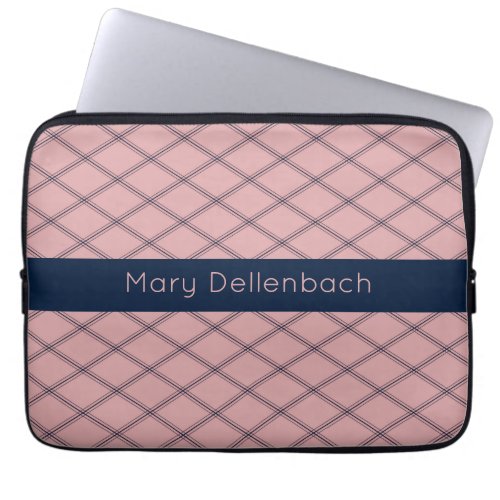 Pink Art Deco Pattern with Navy Name Stripe Laptop Sleeve