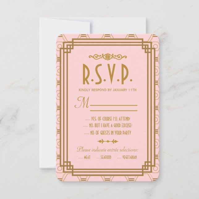 Pink Art Deco Wedding RSVP Cards (Front)