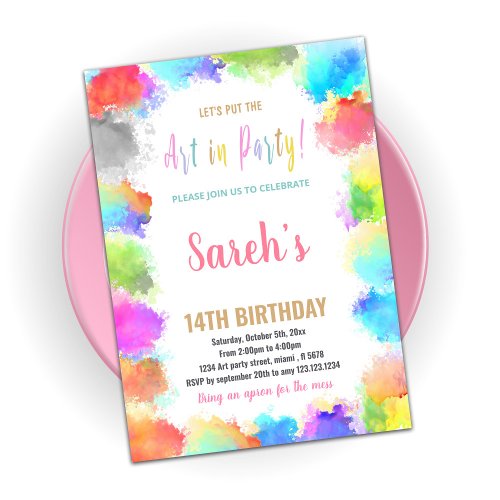 Pink Art in Party Paint Birthday Invitations