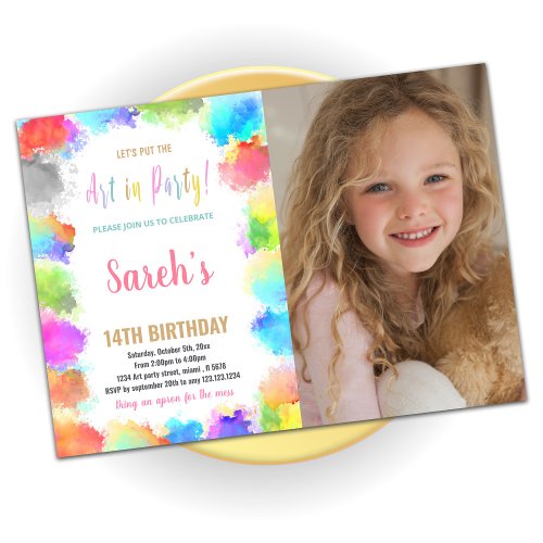Pink Art in Party Paint Birthday with photo Invitation