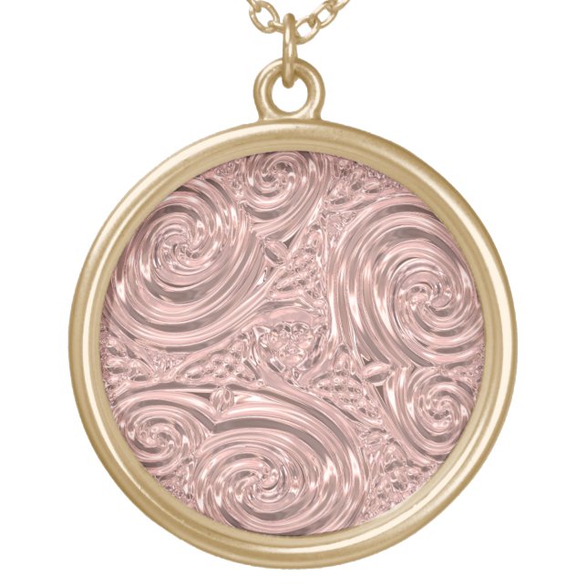 Pink art nouveau engraved look medallion gold plated necklace (Front)