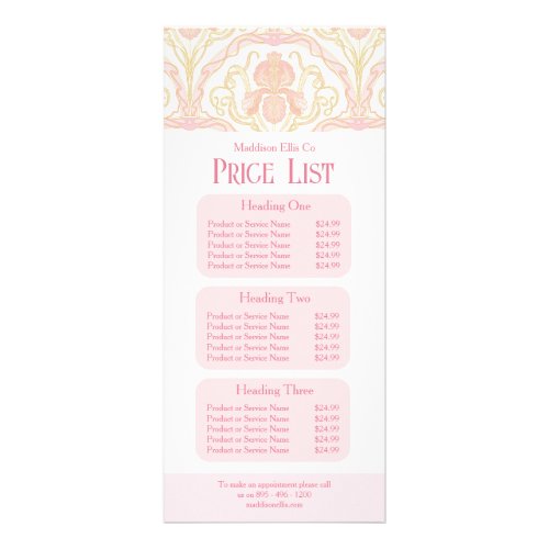 Pink Art Nouveau Floral Price List Rack Card