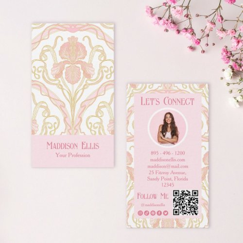 Pink Art Nouveau Floral QR Code and Photo Business Card