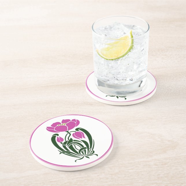 Pink Art Nouveau Flower Drink Coaster (Side)