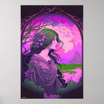 Pink art nouveau woman portrait vintage wall art