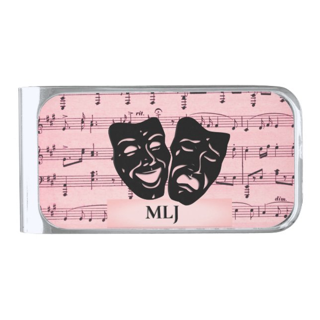 Pink Art Unites Theater Masks Monogram  Silver Finish Money Clip (Front)