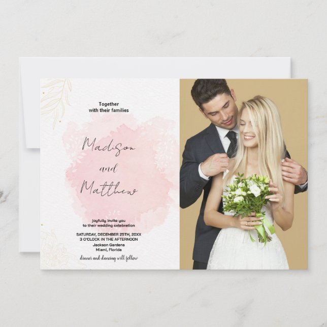 Pink Art Wedding Invitations with photo (Front)