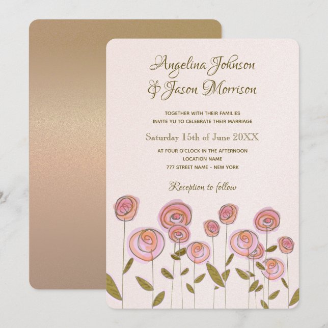 Pink Artsy Rose Floral Wedding Invitation (Front/Back)