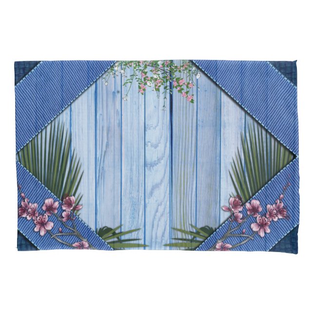 Pink Arty Flowers on Blue-wood-Fabric texture Pillow Case (Front)
