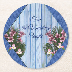 Pink Arty Flowers on Blue-wood-Fabric texture Round Paper Coaster