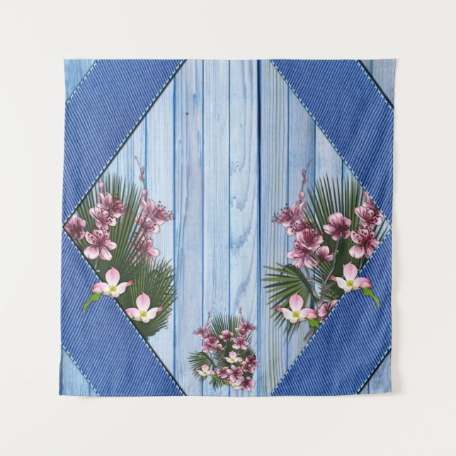 Pink Arty Flowers on Blue-wood-Fabric texture Tapestry (Front)