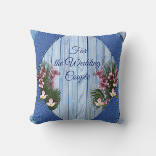 Pink Arty Flowers on Blue-wood-Fabric texture Throw Pillow